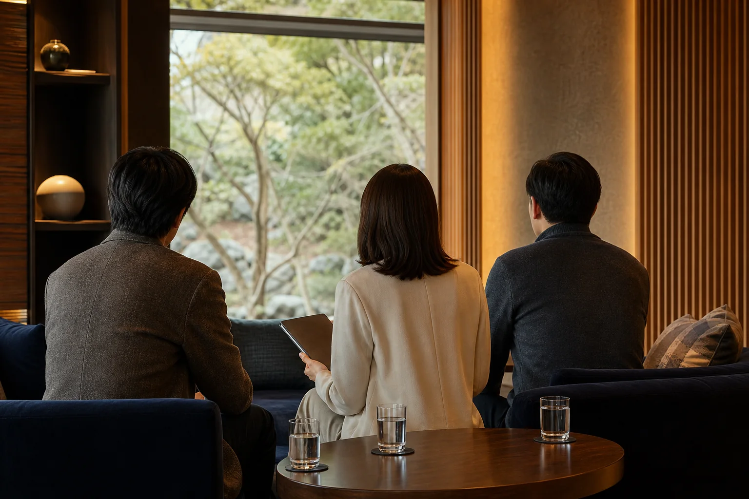 成人カップルと男性1名が条件を確認する再現イメージ